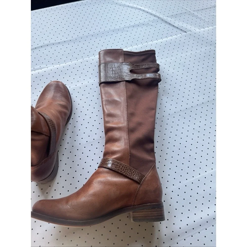 Cole Haan NikeAir Brown Leather Knee High Riding Boots Stretch Back Women's 7B